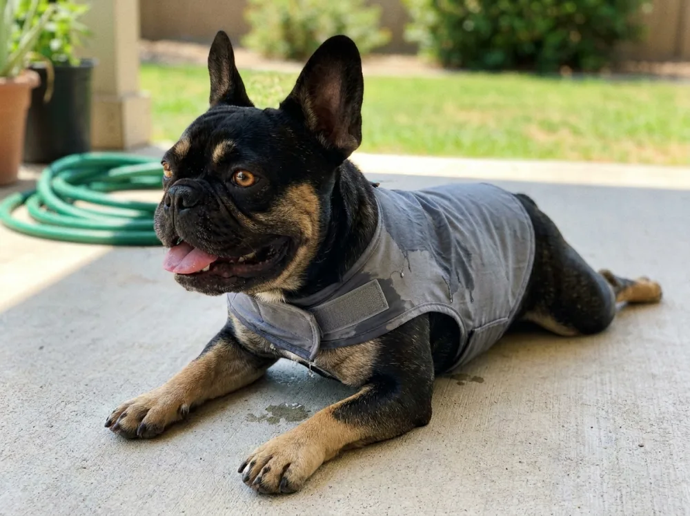 Black and tan French Bulldog in a wet cooling vest resting in the shade