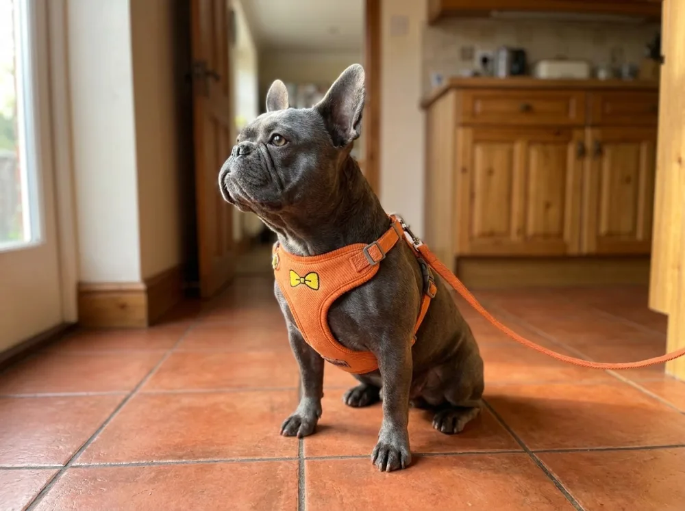 Blue-grey French Bulldog on a kitchen floor wearing the fleece orange fleece and suede vest harness