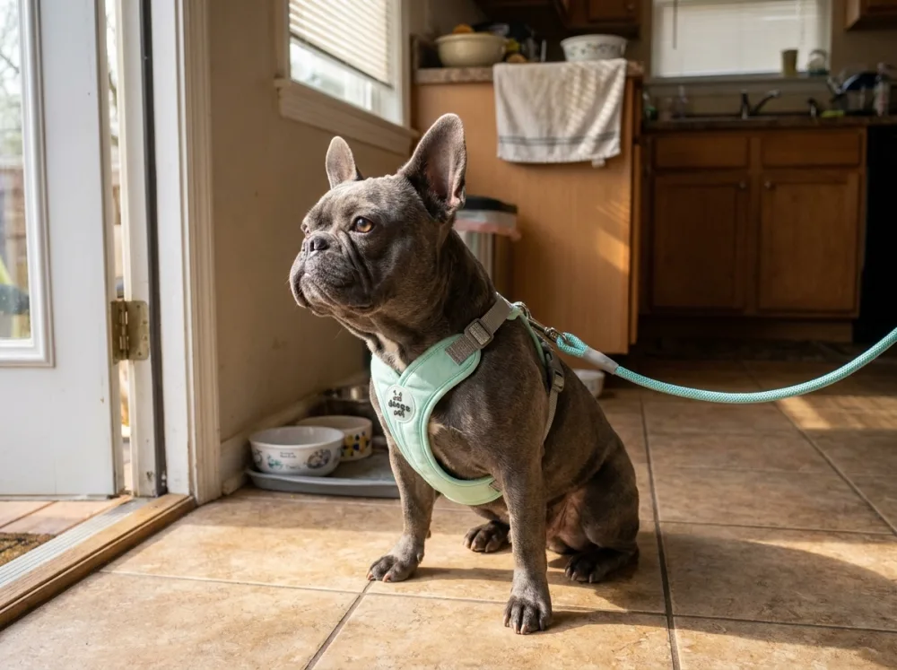 Blue-grey French Bulldog on a kitchen floor wearing the green x harness set