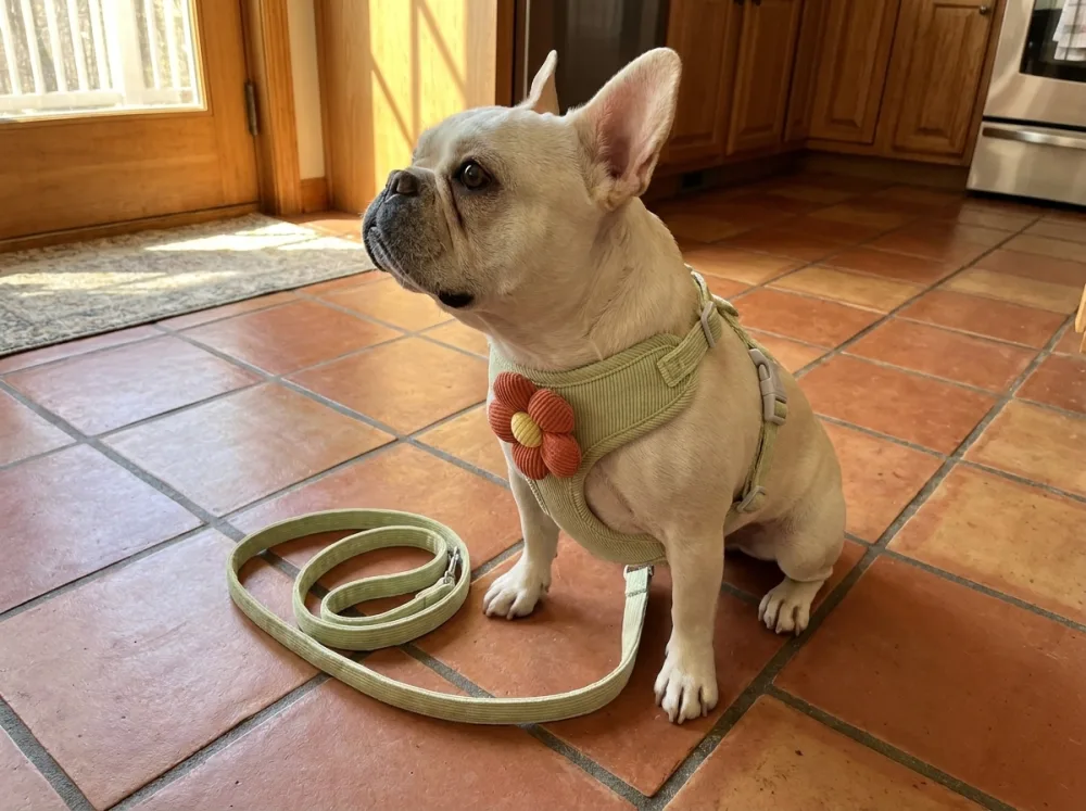 Cream French Bulldog on a kitchen floor in a sage corduroy harness with an orange flower