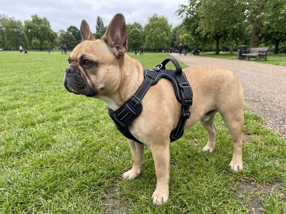 Black French Bulldog in a no-pull harness with a handle, walking on a park path