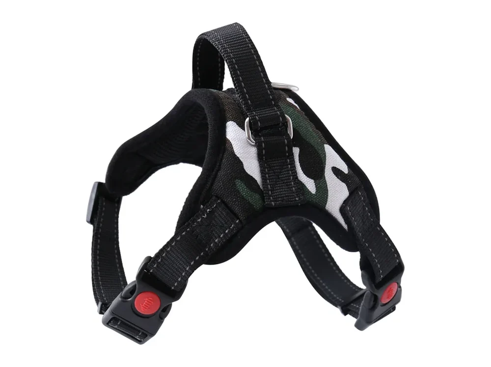 White camouflage saddle harness with a padded panel and a side buckle, laid flat