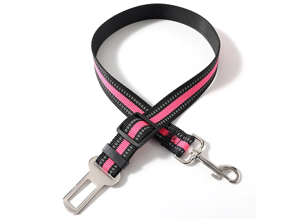 Fuchsia and black car tether with a reflective stripe and a seat belt tongue, laid flat