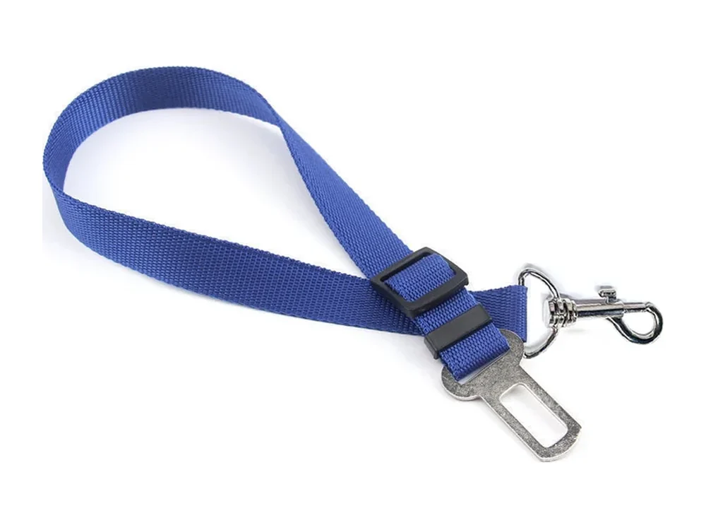 Blue adjustable car tether with a metal clip and seat belt tongue, laid flat