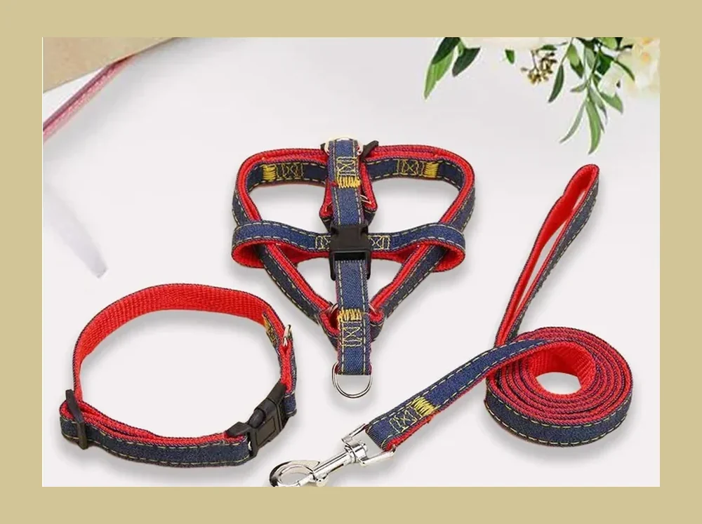 Red denim harness with matching collar and leash, laid flat