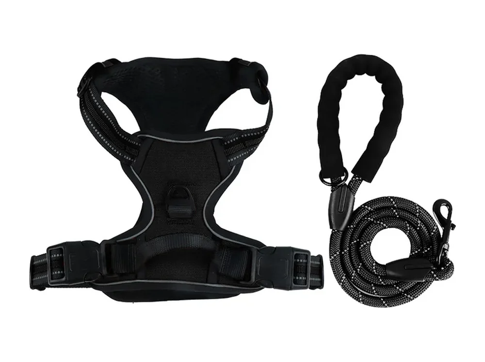 The black harness laid flat: padded chest panel, side-release buckle on the belly strap and the back handle.