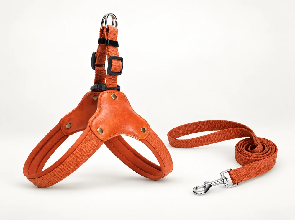 Rust-orange Y-harness with tan leather chest plate and matching rust leash, on a pale background