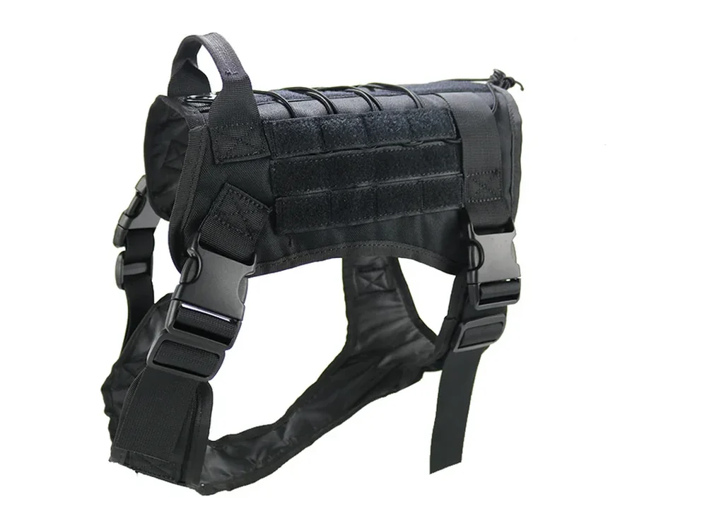 Black molle tactical vest with a top handle and four webbing rows, laid flat