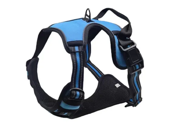Blue padded no-pull Frenchie harness shown on its own with handle and reflective trim visible.