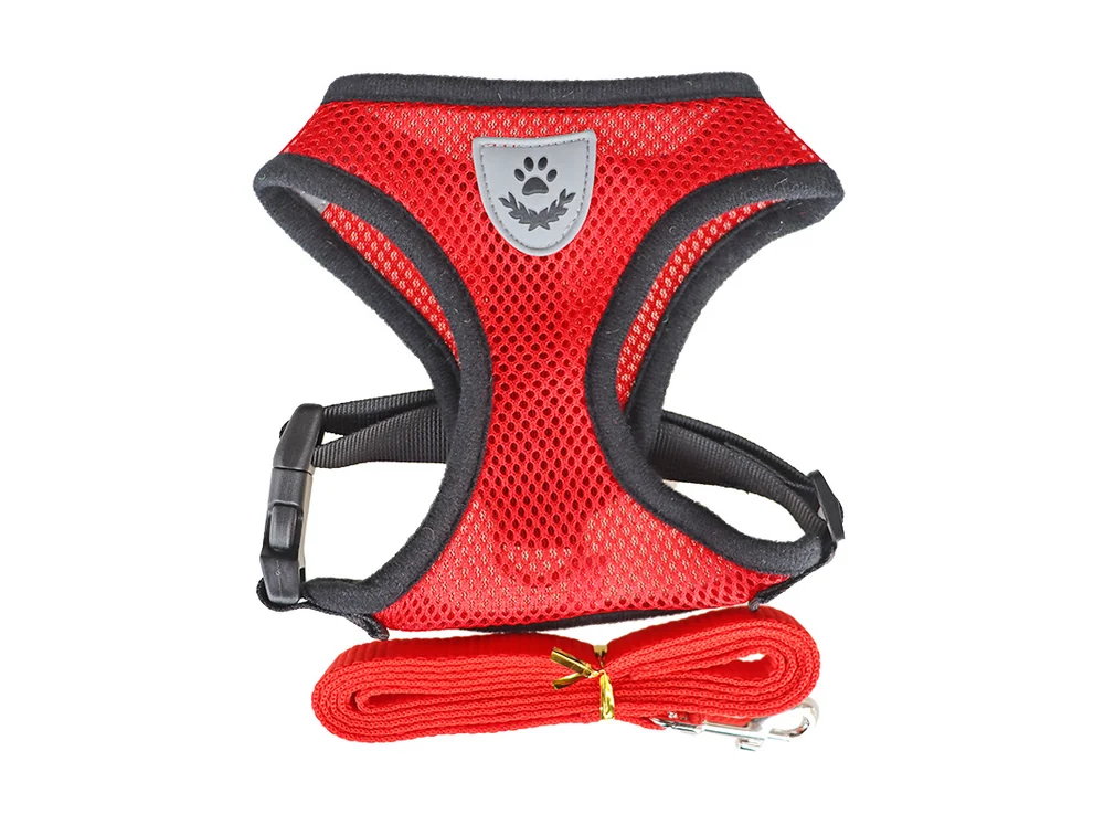 Red mesh vest harness with a reflective paw badge and a matching leash, laid flat