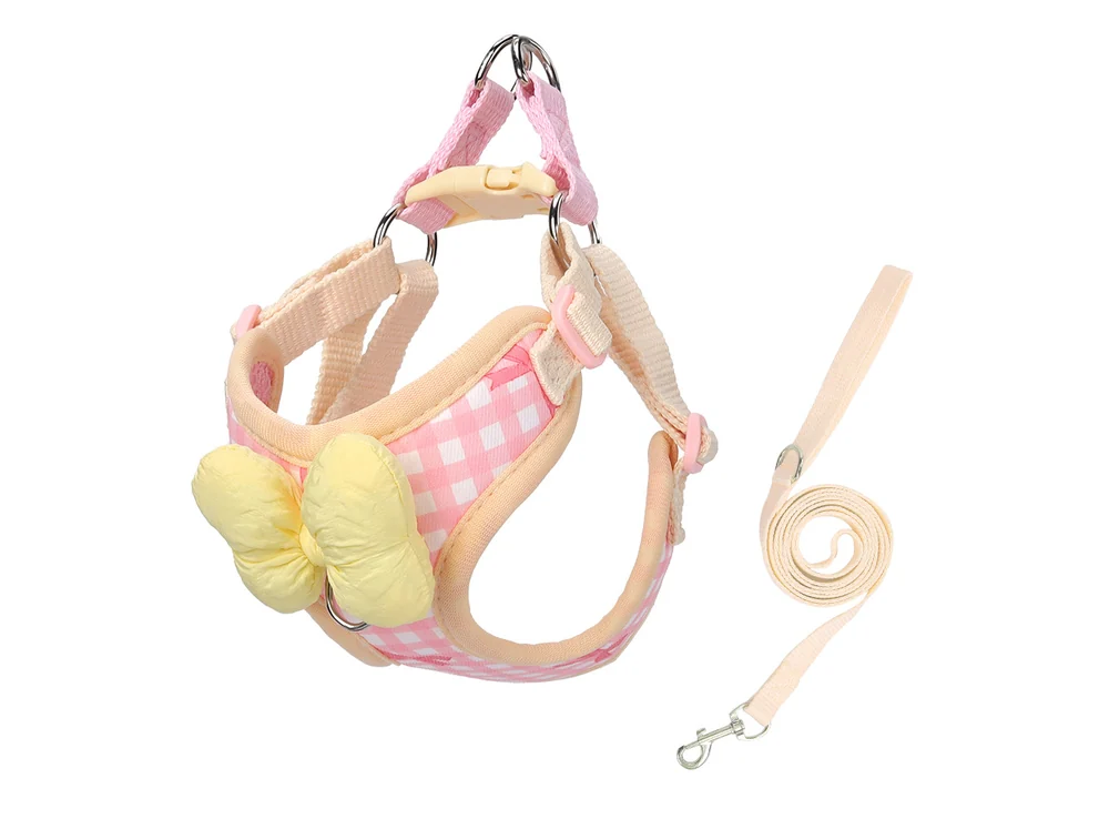 Pink gingham harness with a cream bow and a matching cream leash, laid flat