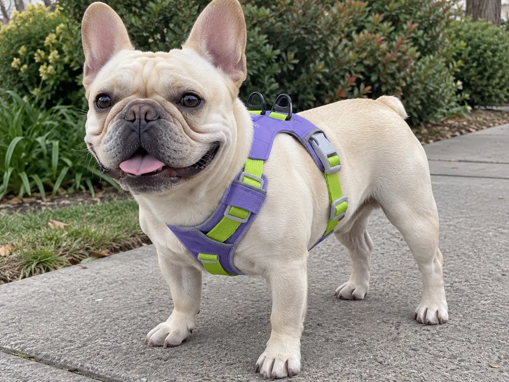 Cream French Bulldog wearing the purple quick-dry harness, seen from the front