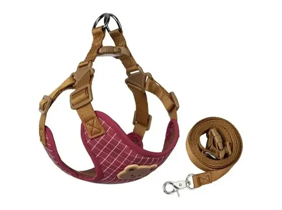 Burgundy plaid step-in Frenchie harness and matching leash laid flat.