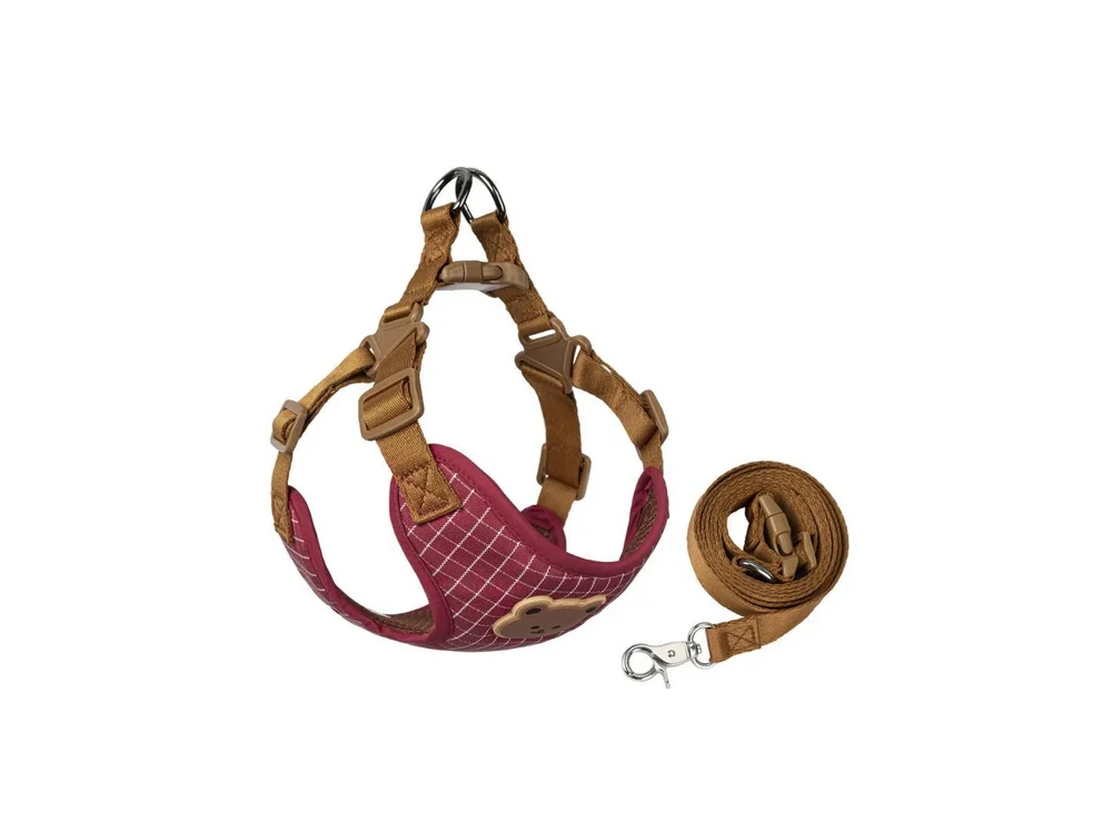 Burgundy plaid step-in harness with matching leash, laid flat