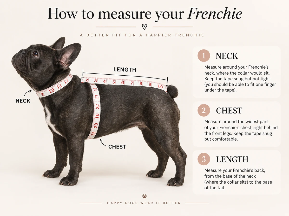 Brindle French Bulldog with a tape measure around the neck and chest, and the back length marked